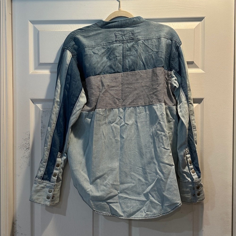 NEW! Free People We The Free Moto Denim Patchwork Colorblock Shirt XS Shacket - Picture 9 of 11